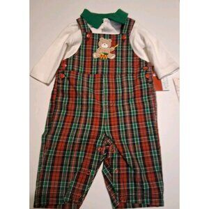 Little Wonders Overall Christmas Outfit NWT Plaid w/Drummer Bear Infant 0-3 M